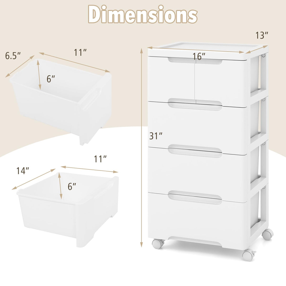 White 5 Drawer Rolling Plastic Storage Cart W119364