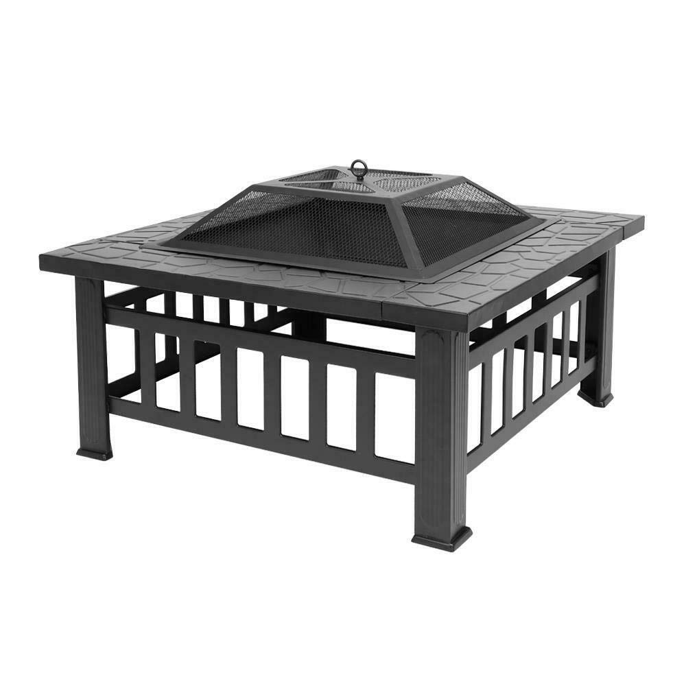 32" Square Metal Wood Burning Fire Pit with Poker & Mesh Cover H6820