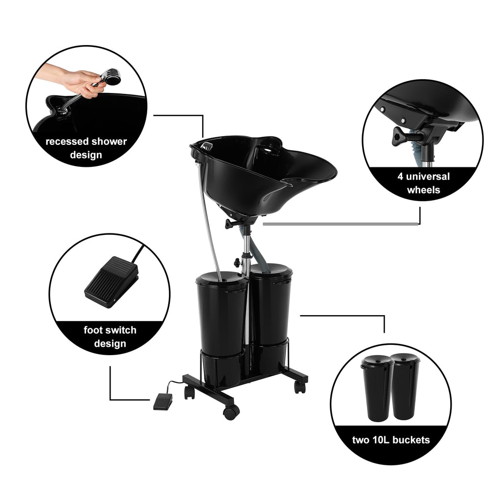 Portable Plastic Shampoo Bowl Unit with 2 Bucket and Drain Hoses Black E7573