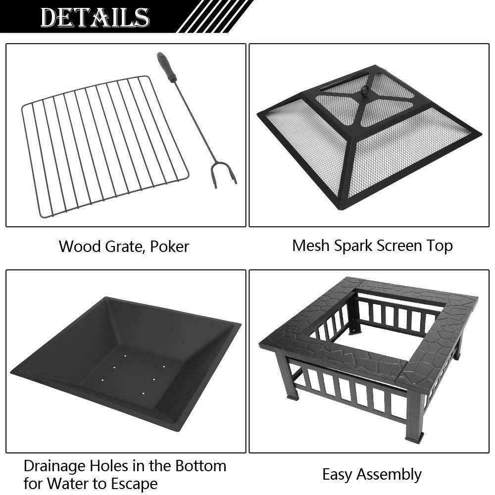 32" Square Metal Wood Burning Fire Pit with Poker & Mesh Cover H6820