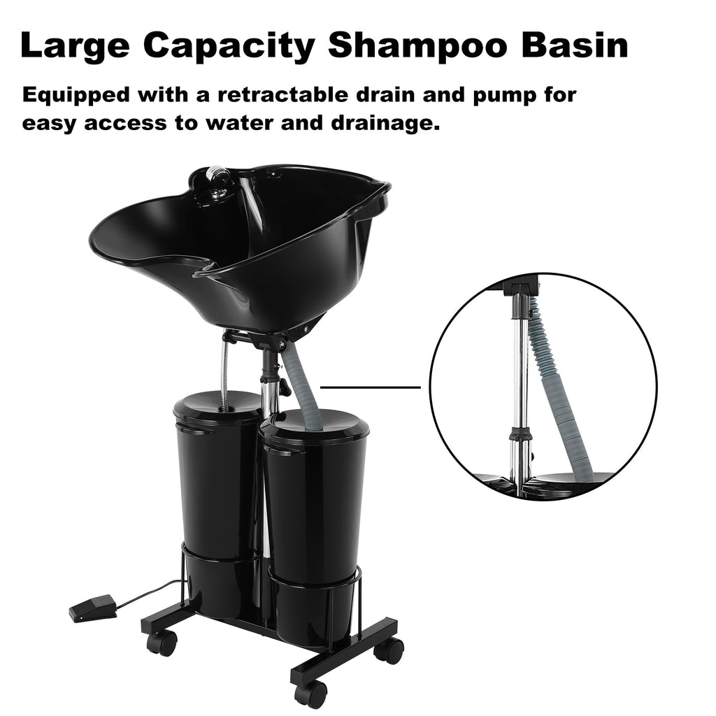 Portable Plastic Shampoo Bowl Unit with 2 Bucket and Drain Hoses Black E7573