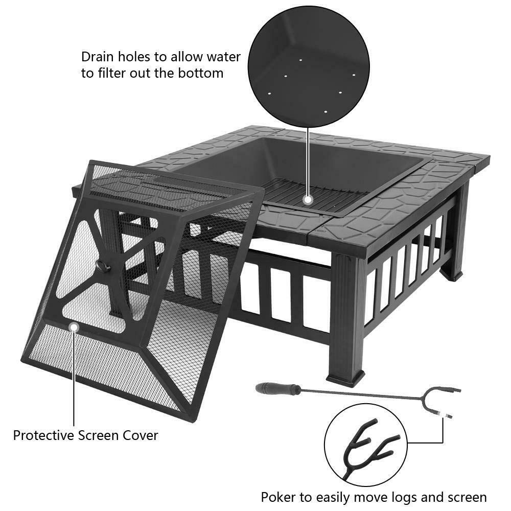 32" Square Metal Wood Burning Fire Pit with Poker & Mesh Cover H6820