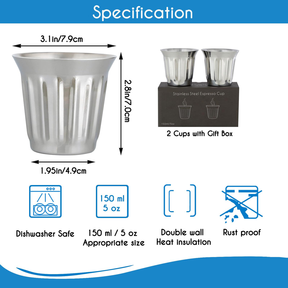 French Press 12 oz, Stainless Steel Espresso Cups 5 oz Set of 2 R974078