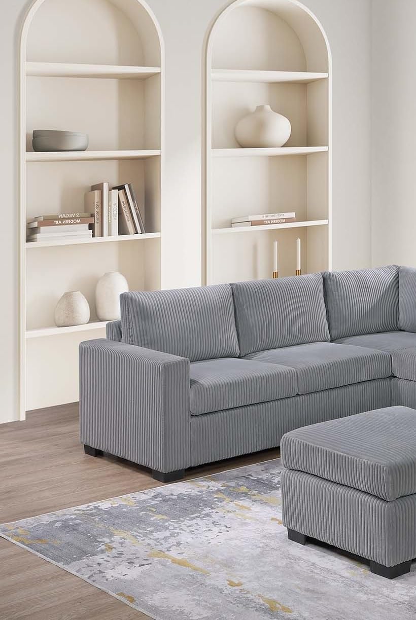 Light Gray Corduroy Upholstered Sectional Sofa Set P80088