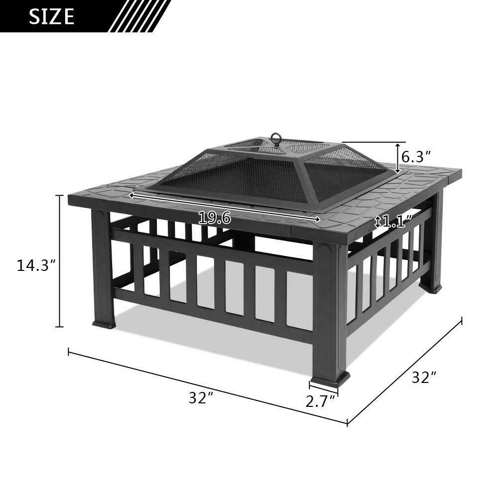 32" Square Metal Wood Burning Fire Pit with Poker & Mesh Cover H6820
