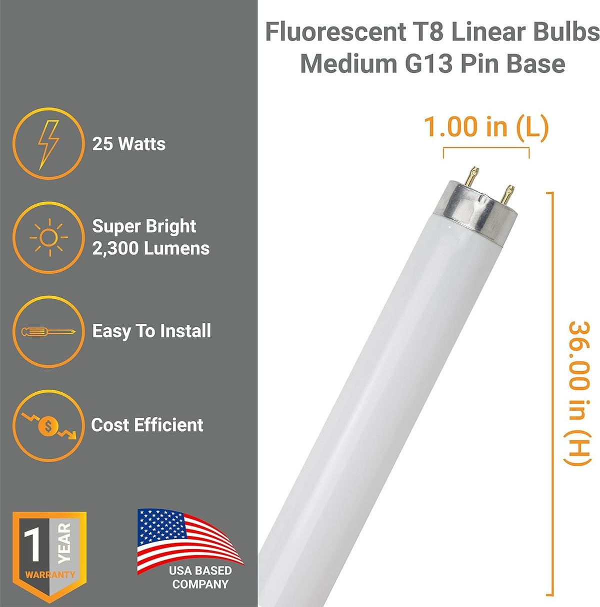 T8 Fluorescent Tube Light Bulb 25W 4100K Cool White G13 Pack of 30 J3154