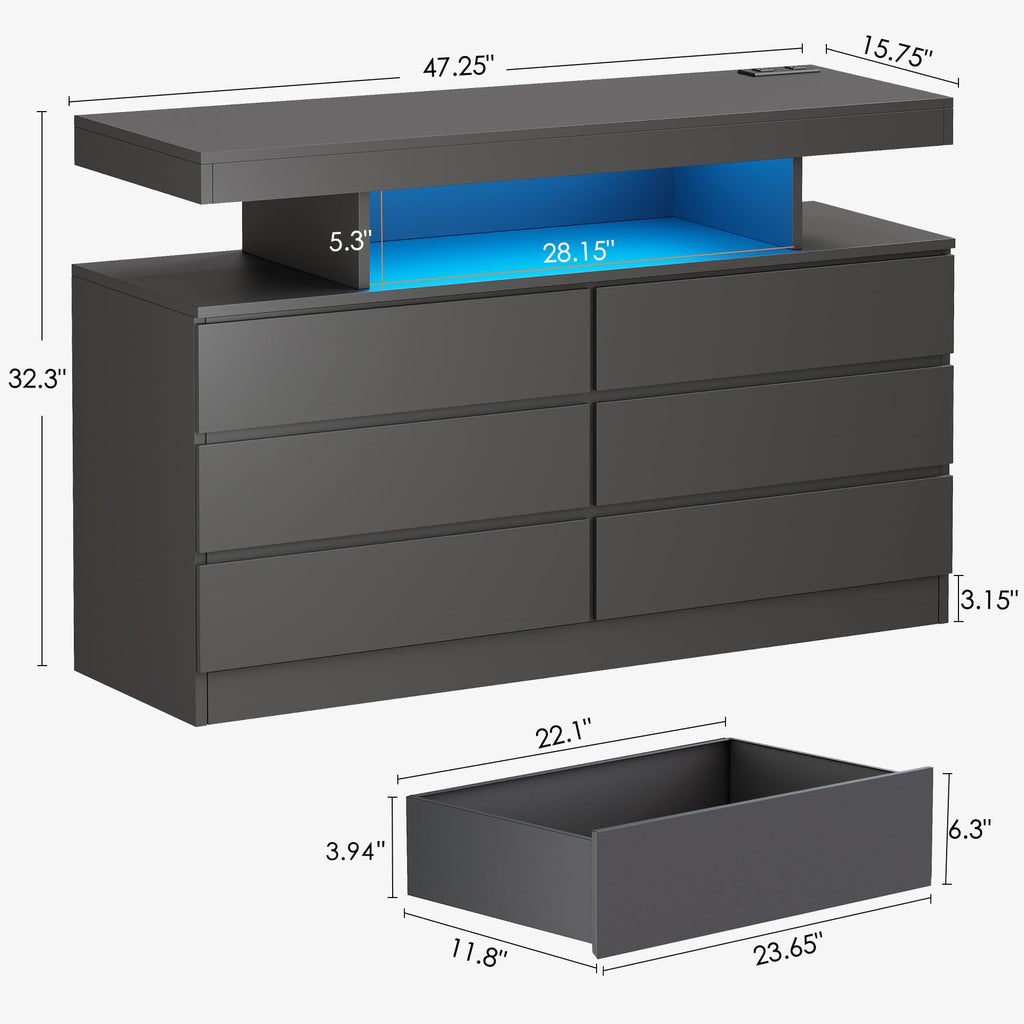 Black Dresser with Charging Station and LED Lights I158