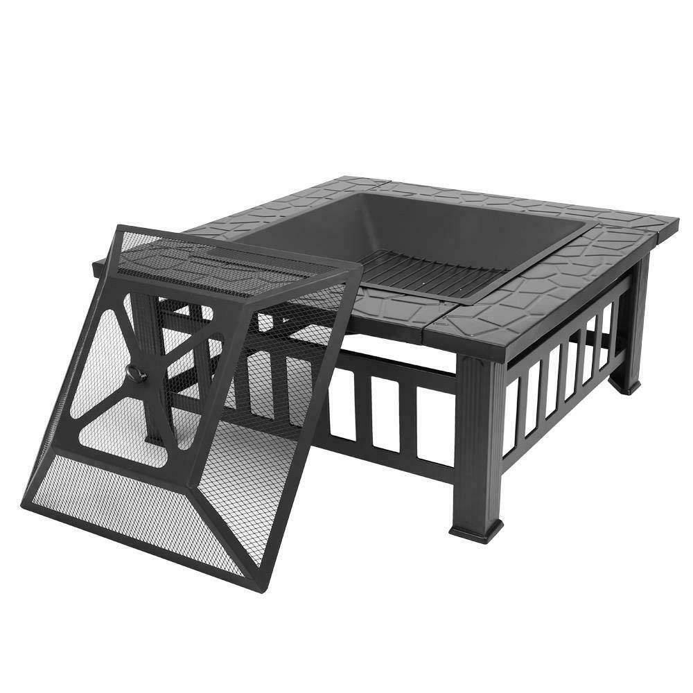 32" Square Metal Wood Burning Fire Pit with Poker & Mesh Cover H6820