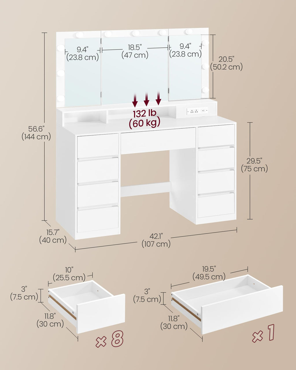 Vanity Desk with LED Lights and Tri-Fold Mirror, 9 Drawers L405038