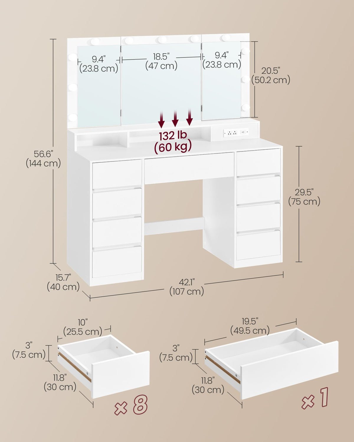 Vanity Desk with LED Lights and Tri-Fold Mirror, 9 Drawers L405038