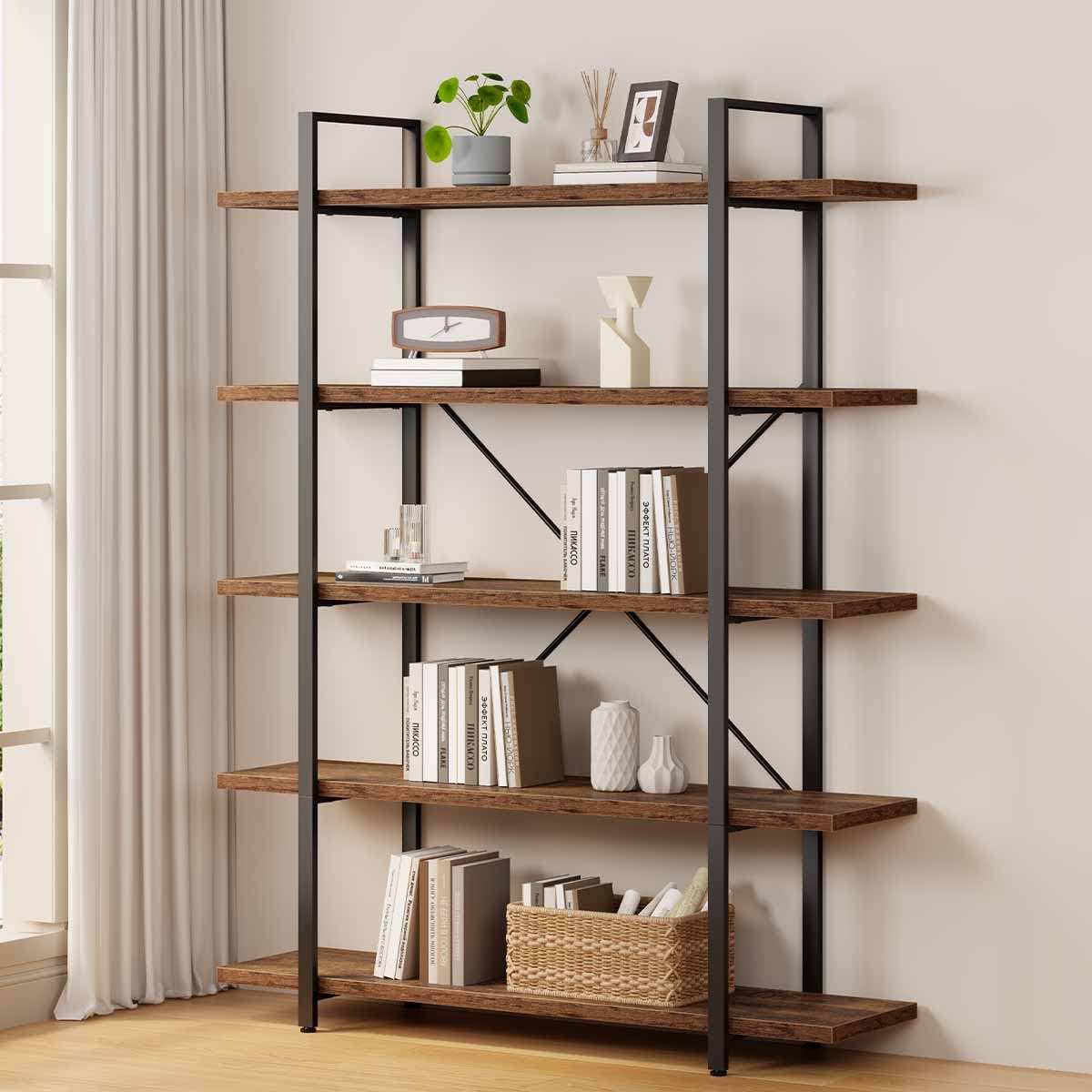 Rustic Brown 5 Shelf Wood Bookshelf N675