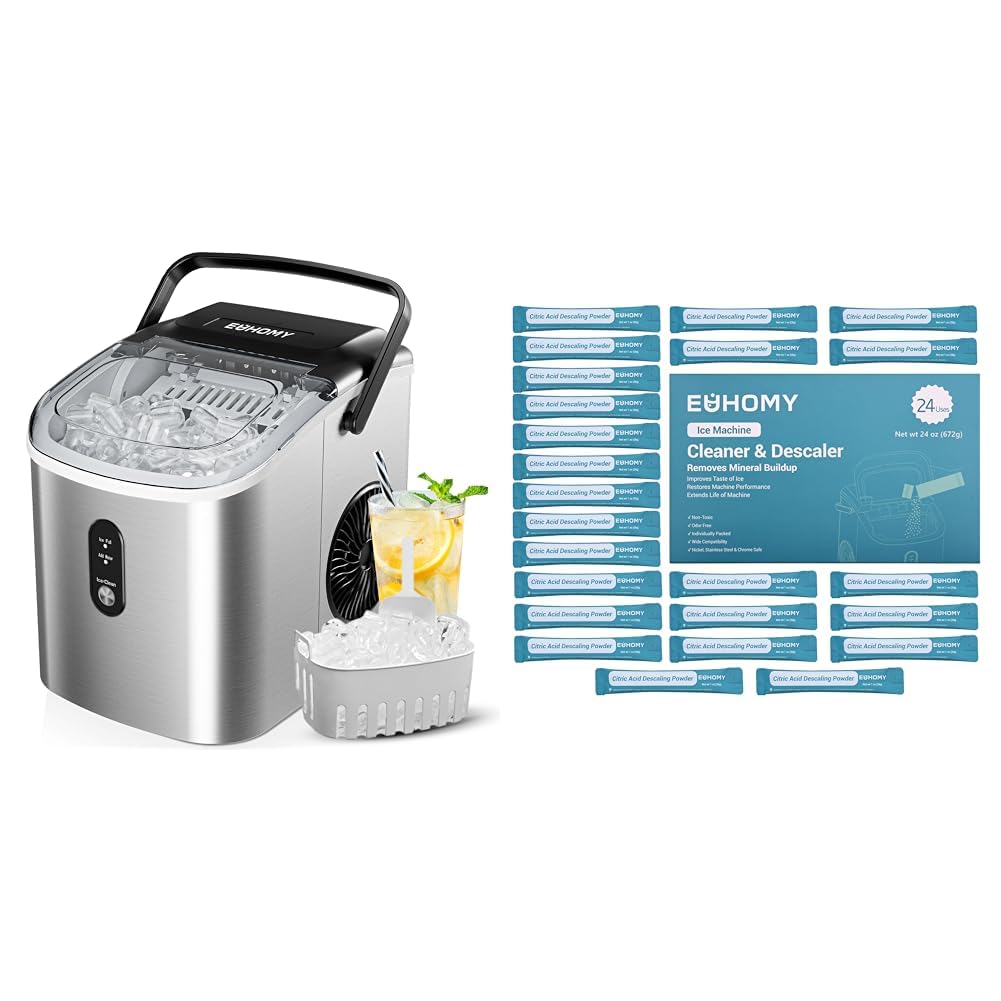 Countertop Ice Maker Machine with Handle, 26.3lbs Per Day, 9 Cubes in 6 Mins + Ice Maker Cleaner & Descaler E67707