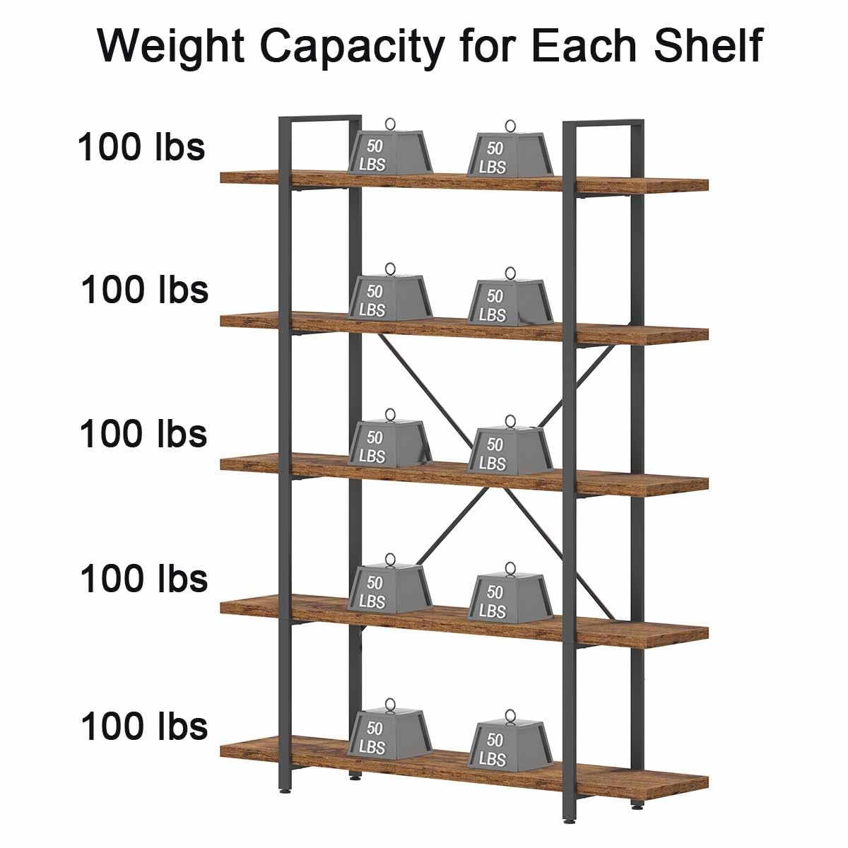 Rustic Brown 5 Shelf Wood Bookshelf N675