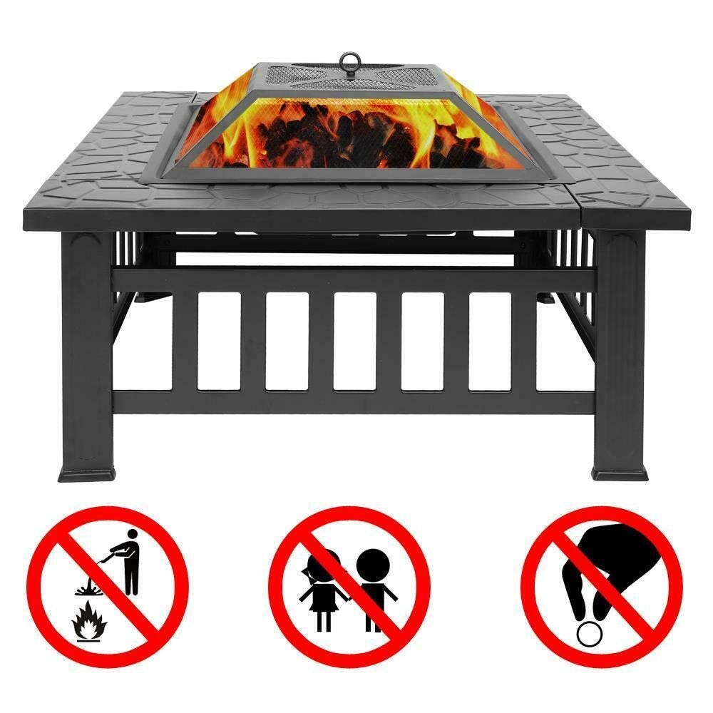 32" Square Metal Wood Burning Fire Pit with Poker & Mesh Cover H6820