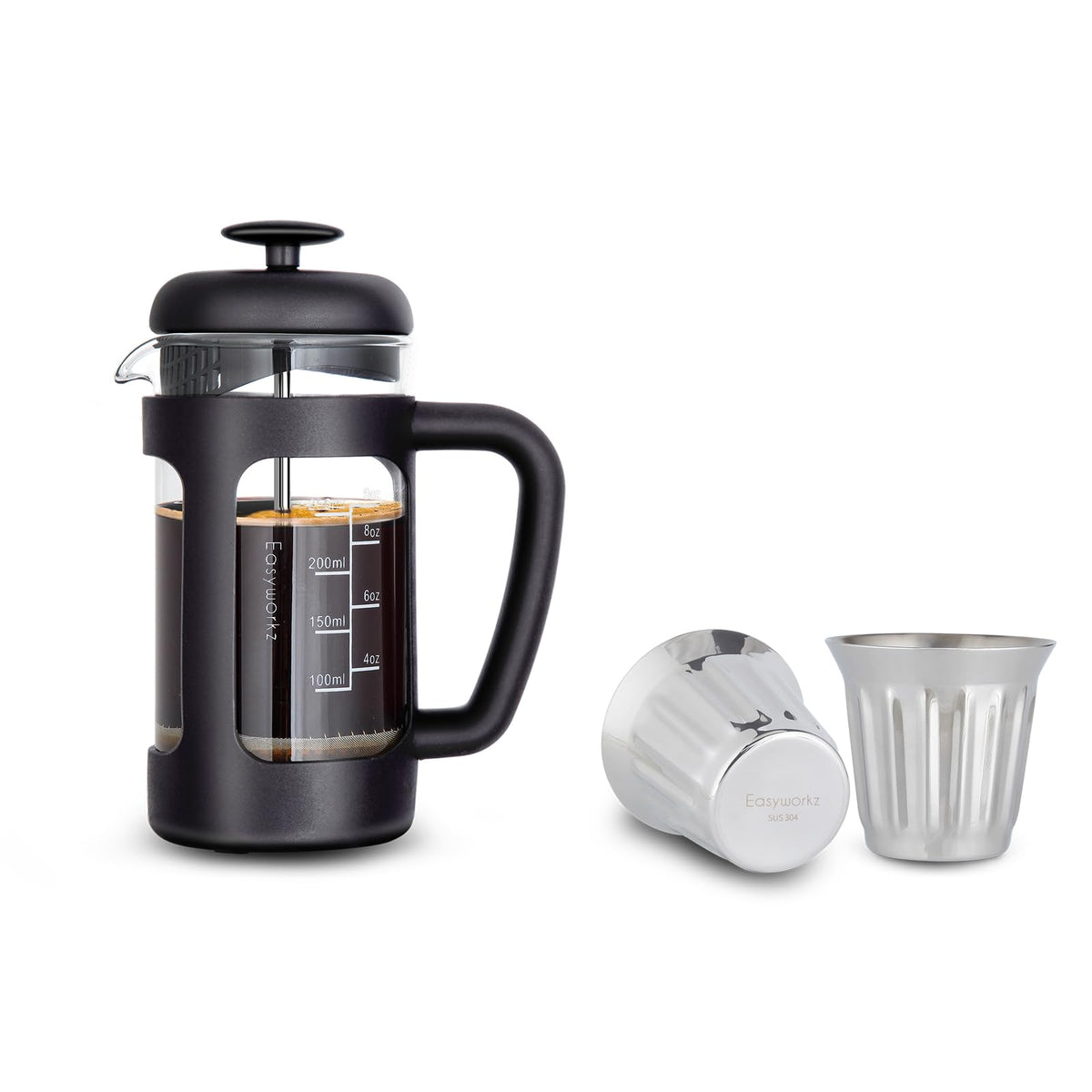 French Press 12 oz, Stainless Steel Espresso Cups 5 oz Set of 2 R974078