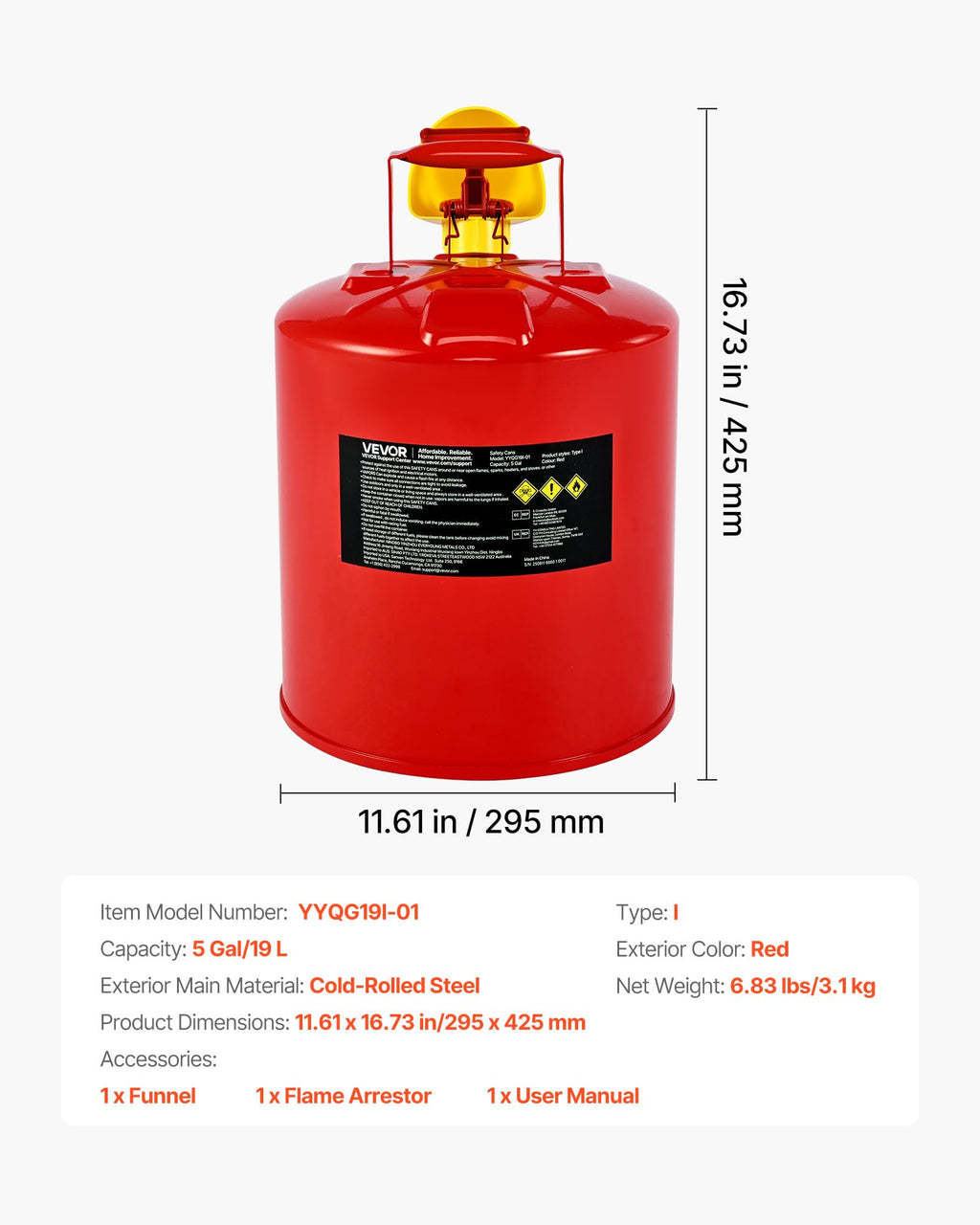 5 Gallon Red Metal Safety Gas Can with Flame Arrester T30538