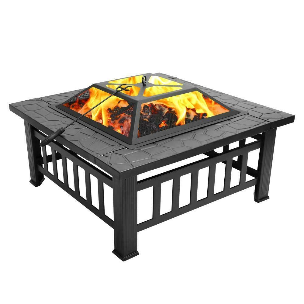 32" Square Metal Wood Burning Fire Pit with Poker & Mesh Cover H6820