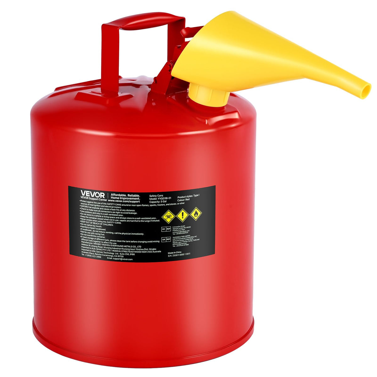 5 Gallon Red Metal Safety Gas Can with Flame Arrester T30538