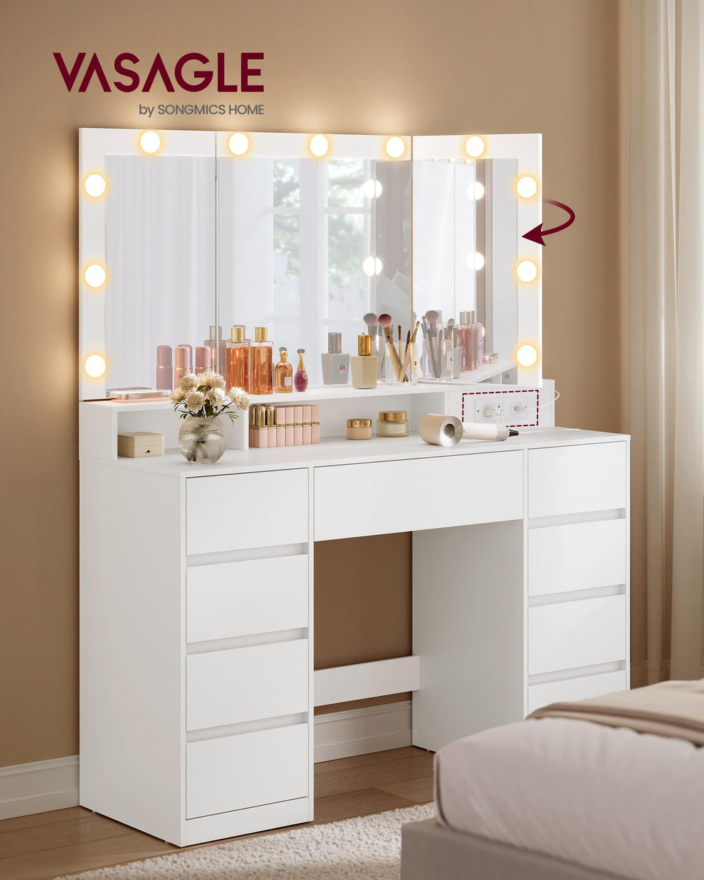 Vanity Desk with LED Lights and Tri-Fold Mirror, 9 Drawers L405038
