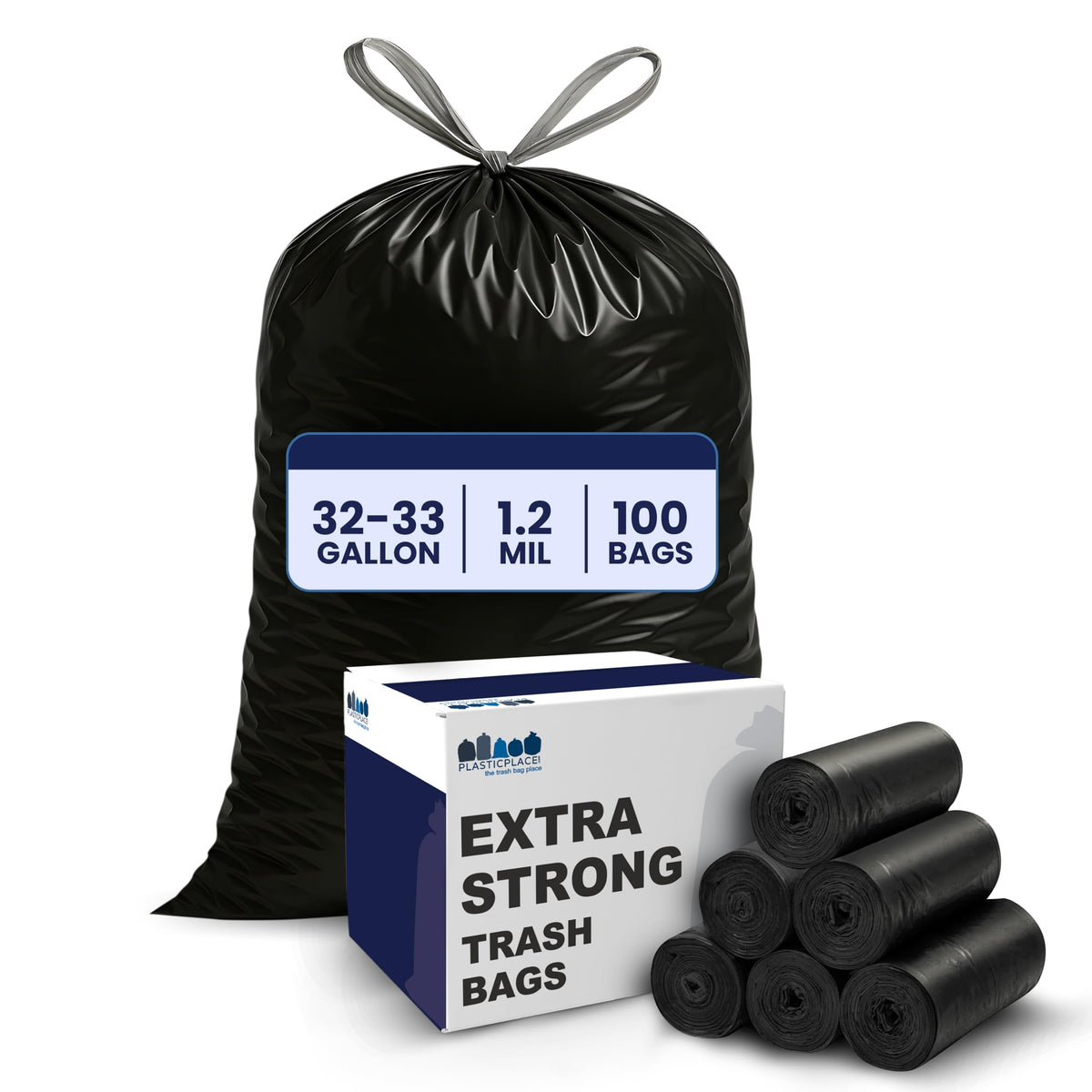 32-33 Gallon 1.2 Mil Black Drawstring Trash Bags, 100 Count W3041
