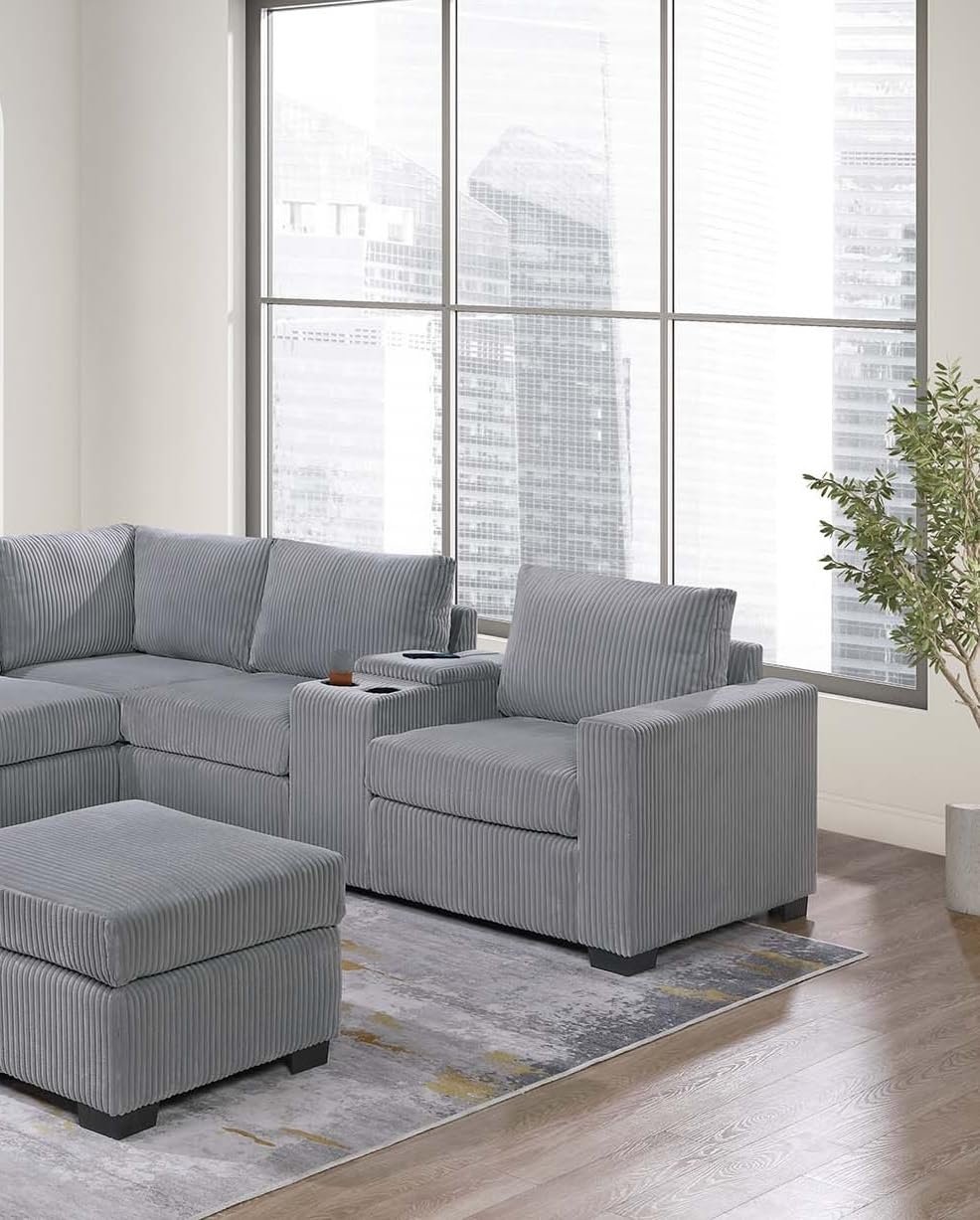 Light Gray Corduroy Upholstered Sectional Sofa Set P80088
