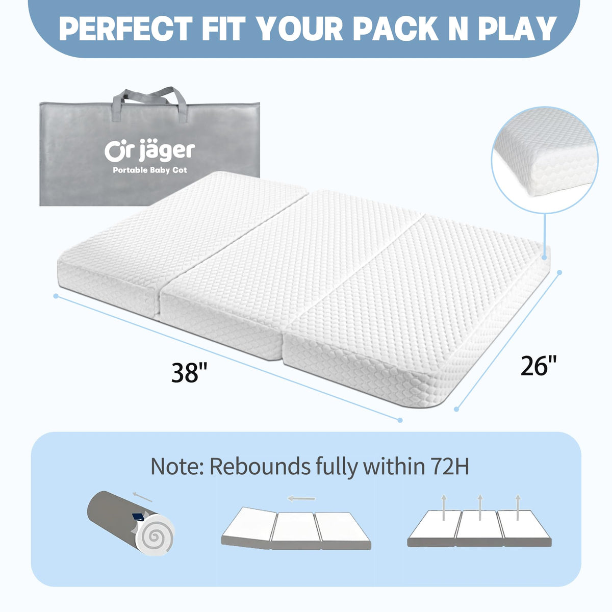 38x26'' Breathable Soft Plush Memory Foam Pack and Play Mattress with Carry Bag O2428