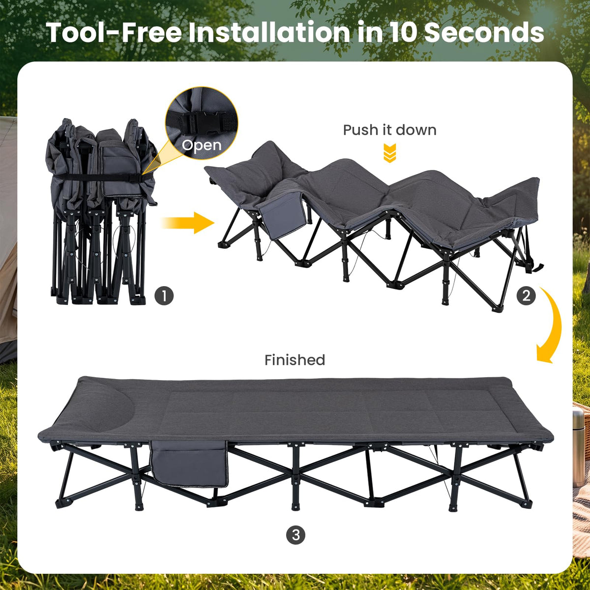 Camping Cot with Padded Pillow, Carry Bag, 600 lbs, Grey G443