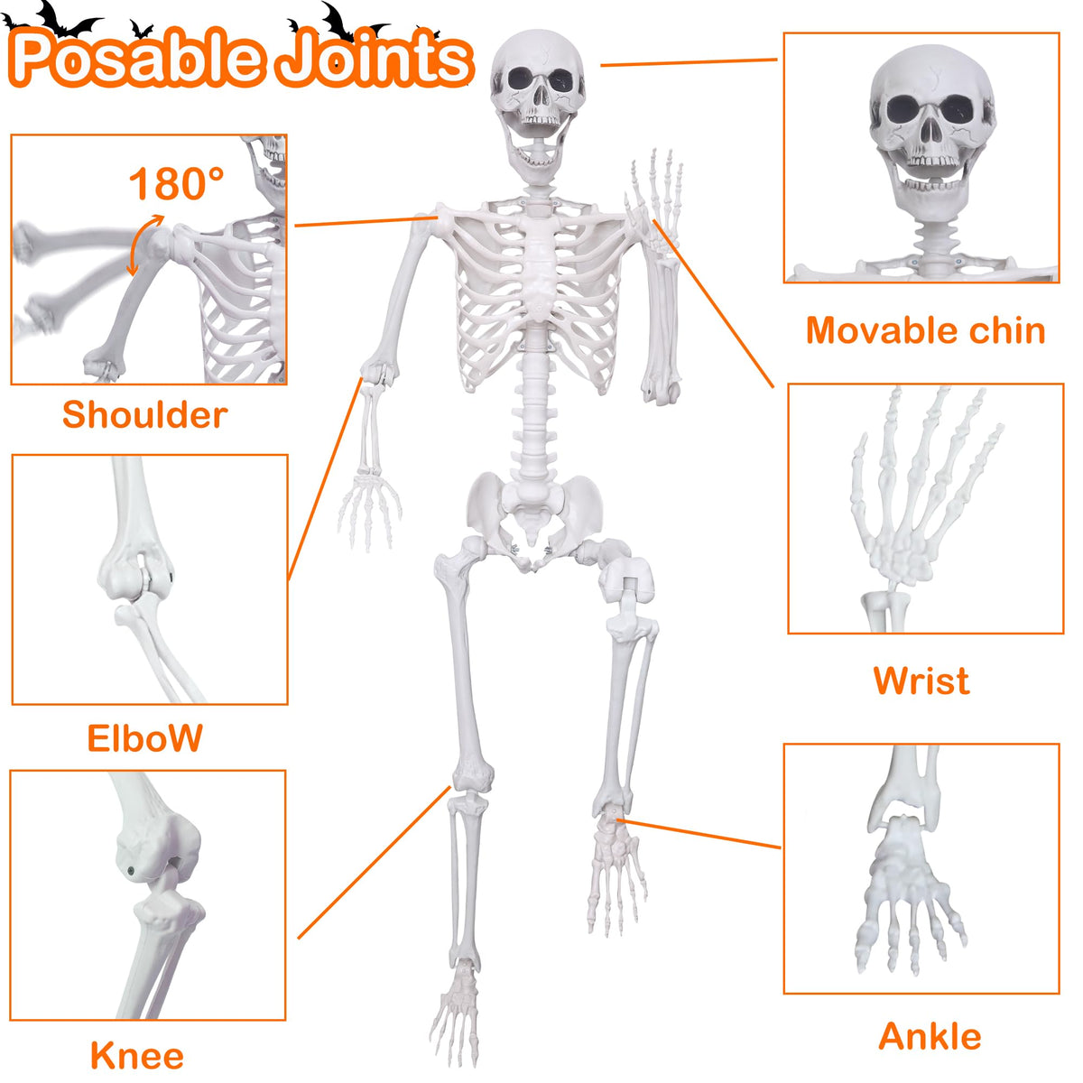 5.4ft/165cm Halloween Skeleton with Crows Movable Joints L6625