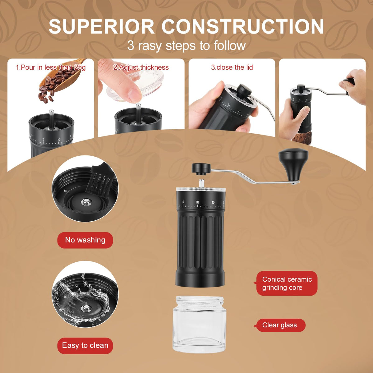 Manual Coffee Grinder with Ceramic Conical Burr, Black W601