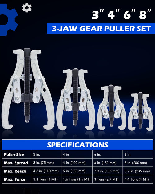 3" 4" 6" 8" 3 Jaw Gear Puller Set with Reversible Jaws F2877