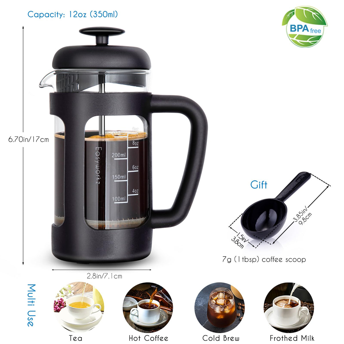 French Press 12 oz, Stainless Steel Espresso Cups 5 oz Set of 2 R974078