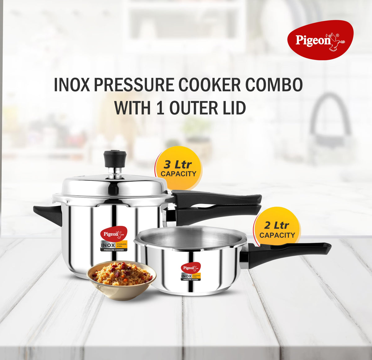 Stainless Steel Pressure Cooker Combo with Induction Base, Outer Lid 2 Liter and 3 Liter S84377