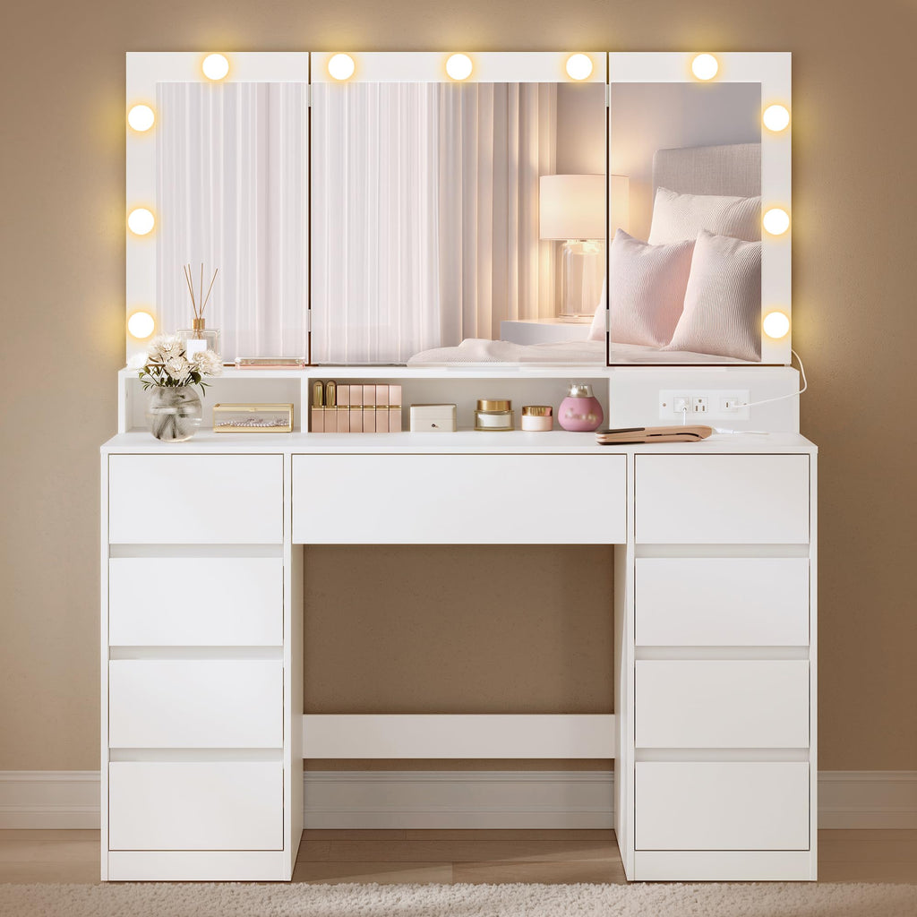 Vanity Desk with LED Lights and Tri-Fold Mirror, 9 Drawers L405038