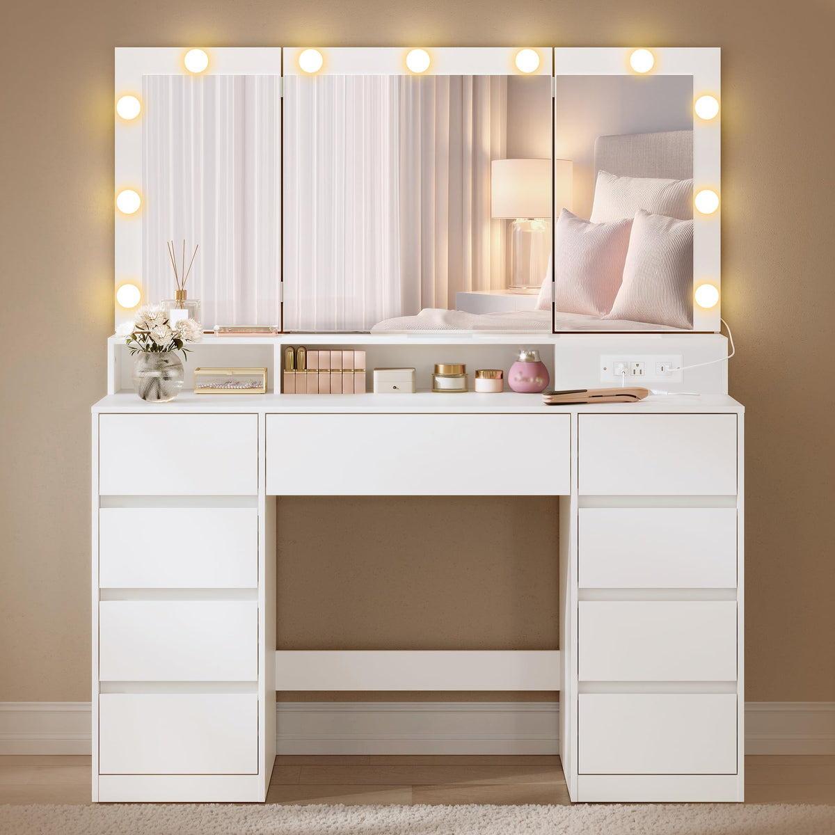 Vanity Desk with LED Lights and Tri-Fold Mirror, 9 Drawers L405038