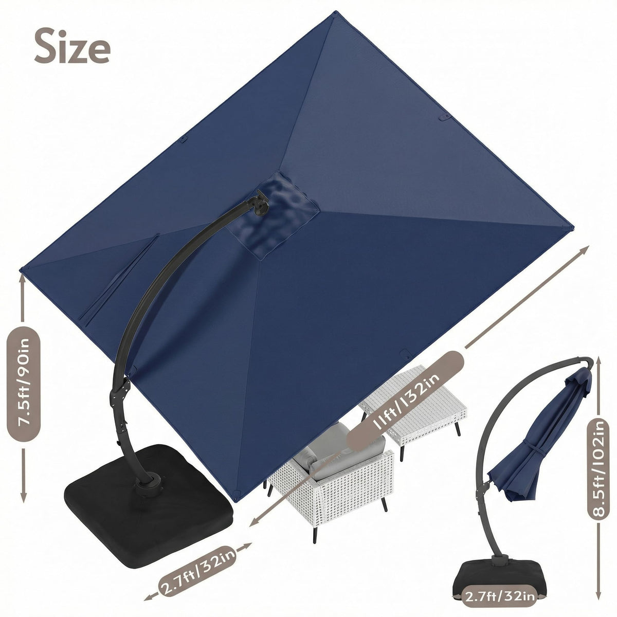 11x11ft Solar Powered Led Cantilever Umbrella with Base G3812
