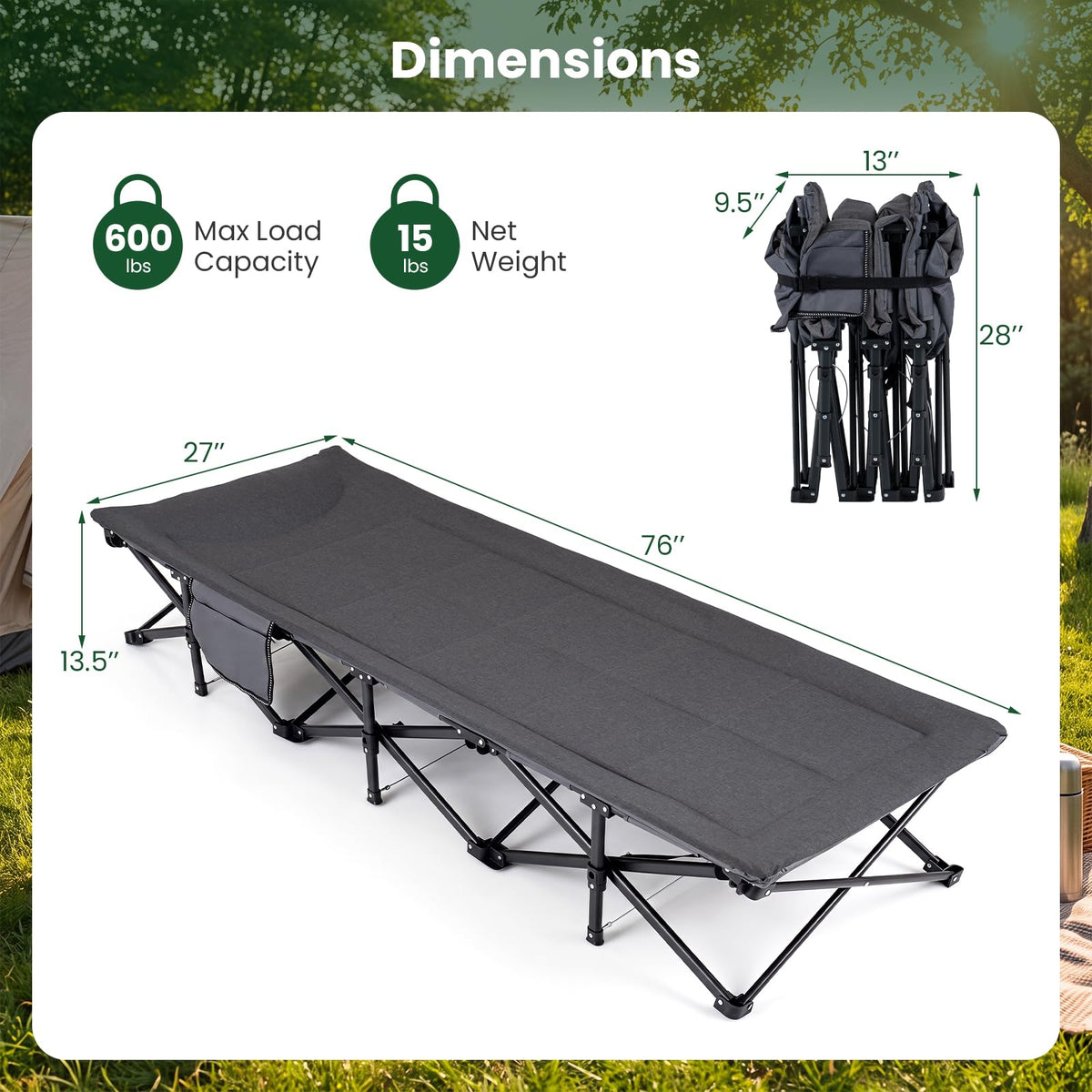 Camping Cot with Padded Pillow, Carry Bag, 600 lbs, Grey G443