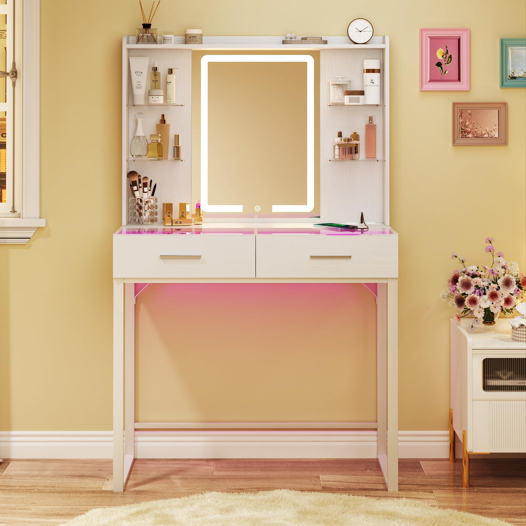 White Vanity Desk with Mirror and LED Lights C998