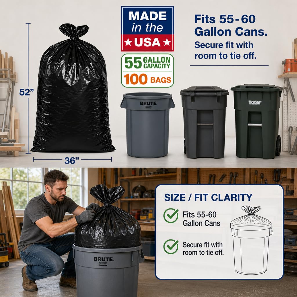Heavy Duty Black 55-60 Gallon Trash Bags 100 Count S2840