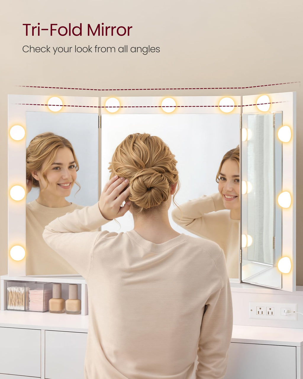 Vanity Desk with LED Lights and Tri-Fold Mirror, 9 Drawers L405038