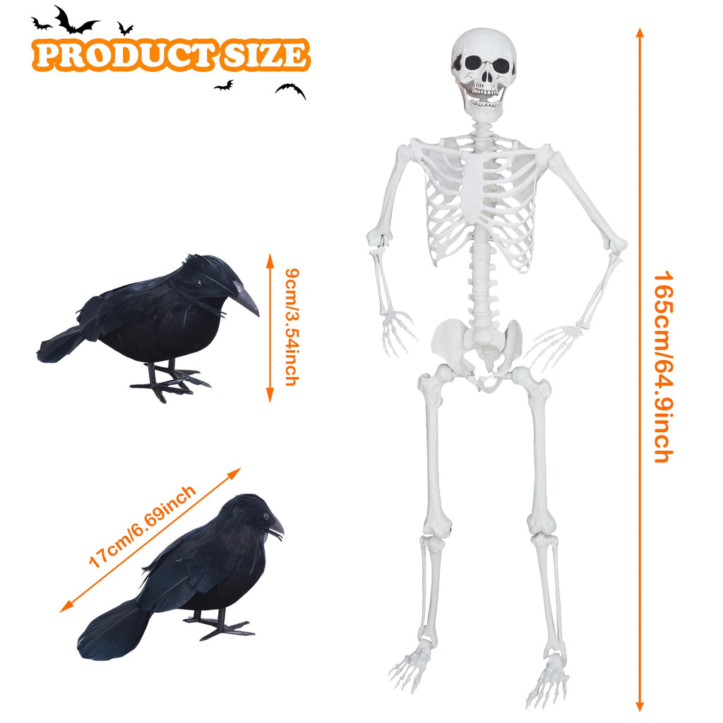 5.4ft/165cm Halloween Skeleton with Crows Movable Joints L6625