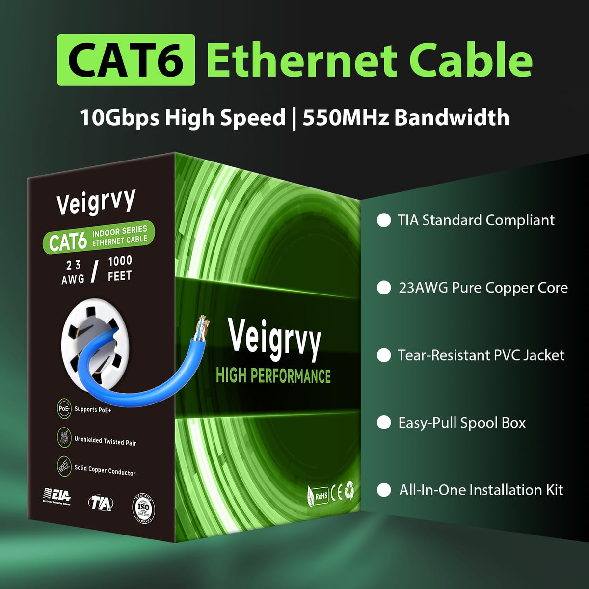 Cat 6 1000 ft 23AWG Solid Bare Copper UTP Ethernet Cable Q71353