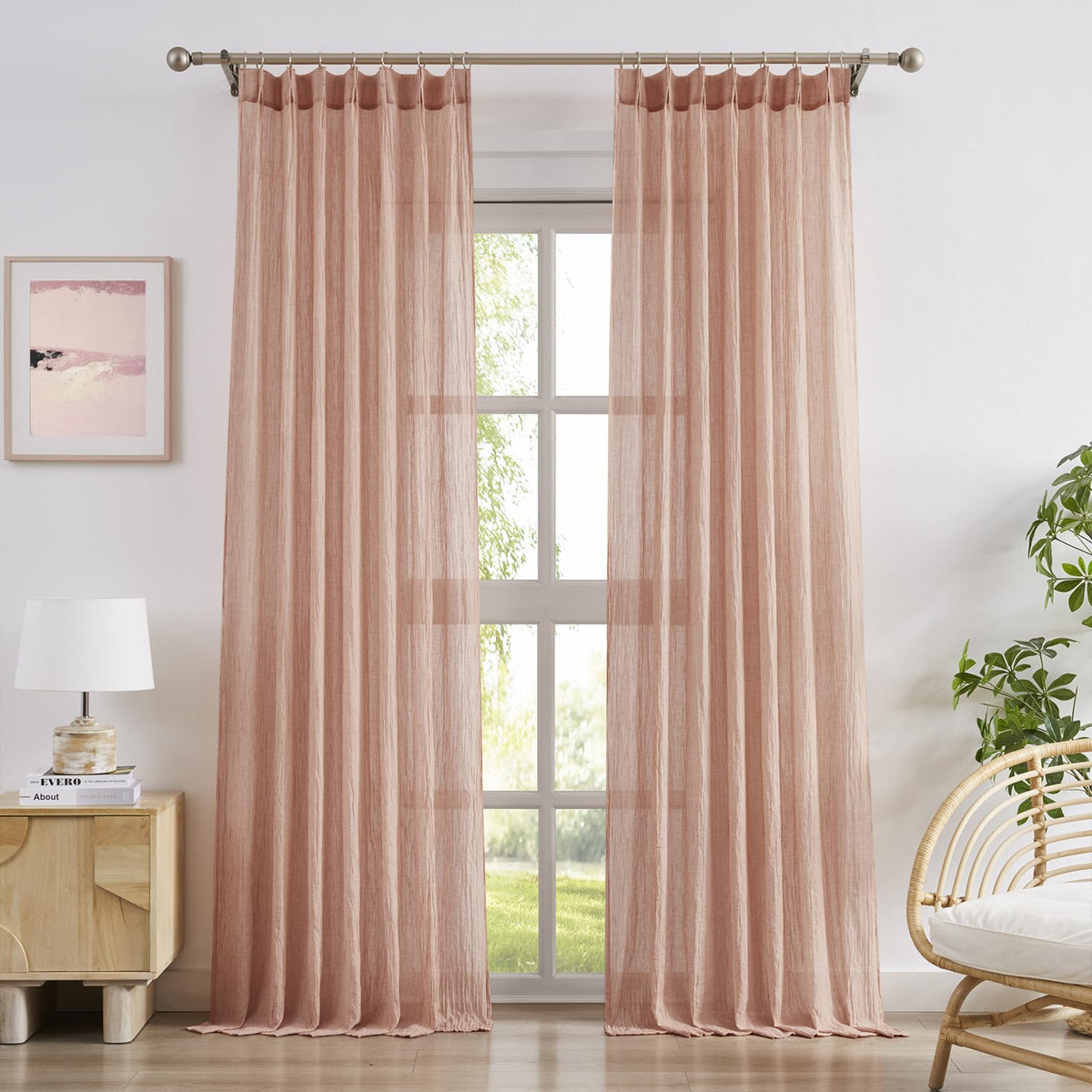 Pink Pinch Pleated Sheer Curtains 96 Inches Long, Set of 2 K238909