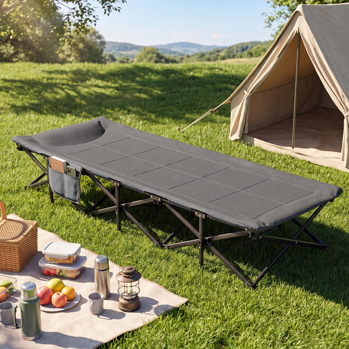 Camping Cot with Padded Pillow, Carry Bag, 600 lbs, Grey G443