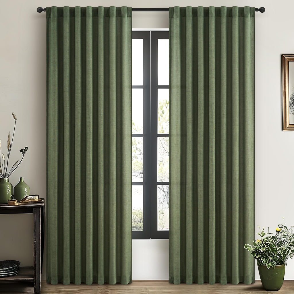 Dark Green 96 Inches Long Thick Linen 2 Panels Set Curtains M919418