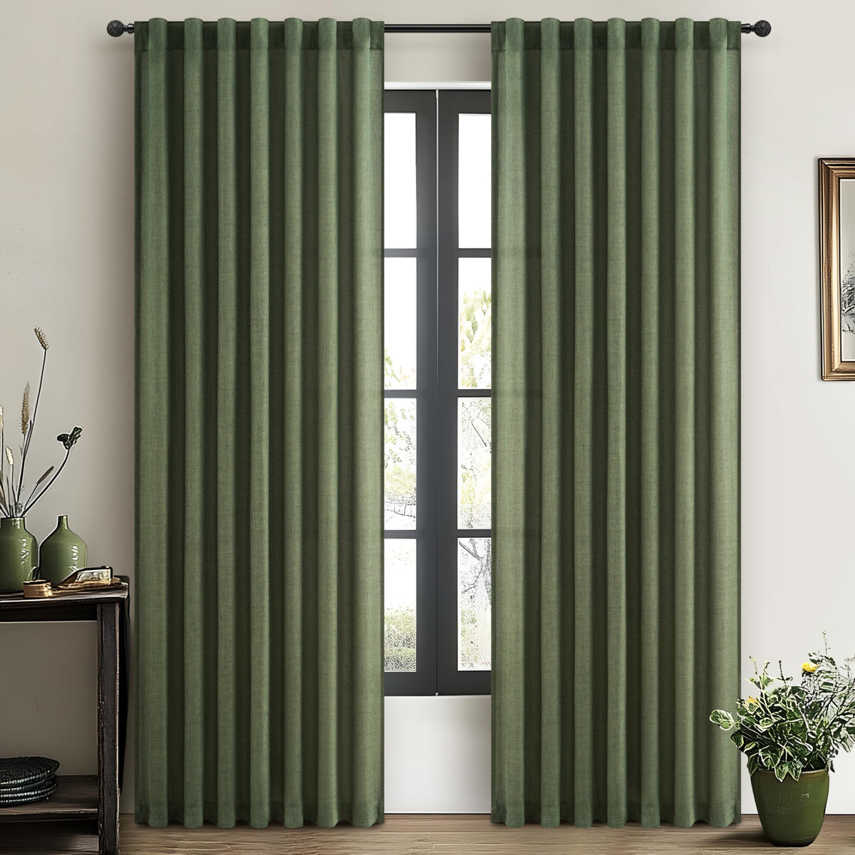 Dark Green 96 Inches Long Thick Linen 2 Panels Set Curtains M919418