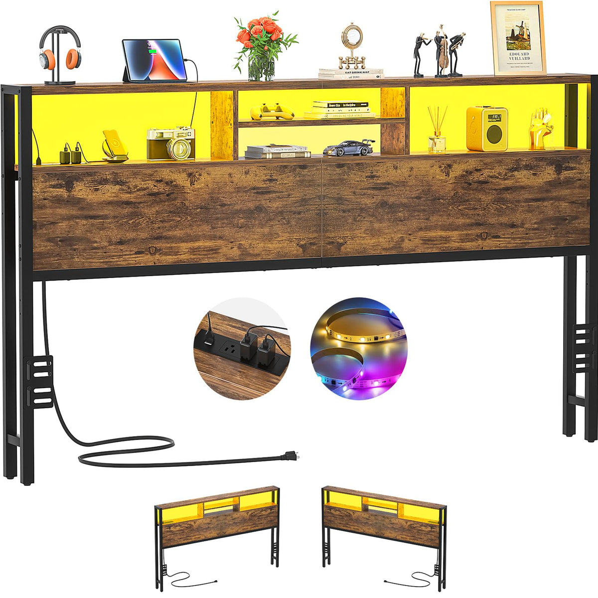 King Size Storage Headboard with Outlets V157