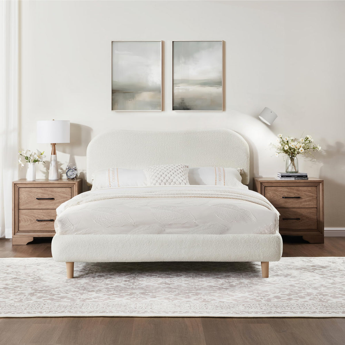 Queen Size White Boucle Bed Frame U784