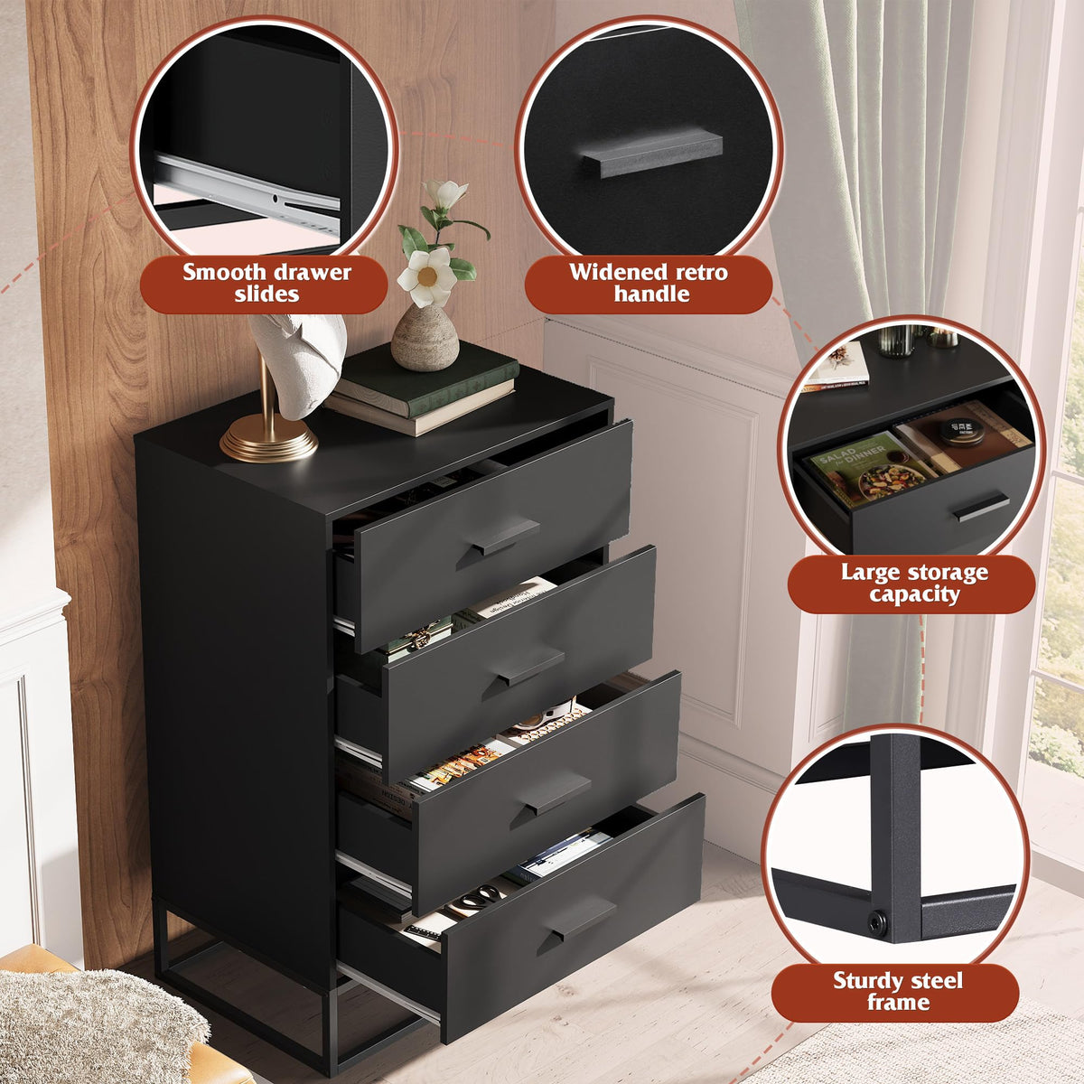 Black 4 Drawer Wooden Dresser B900