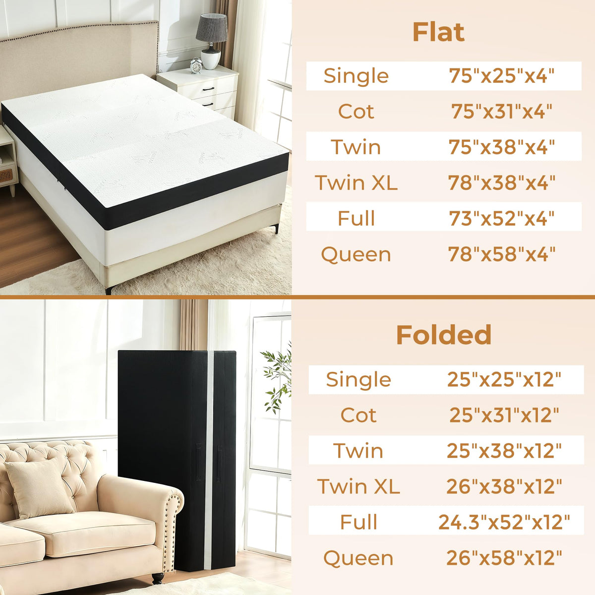 4 Inch Full Size Foldable Memory Foam Trifold Mattress E3142