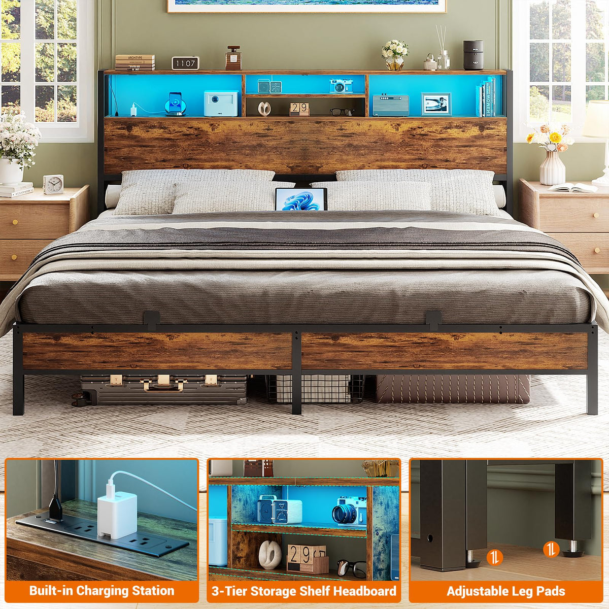 King Size Storage Headboard with Outlets V157